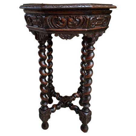 Petite Antique French Carved Oak Octagon Table Side End Barley Twist Louis Xiii