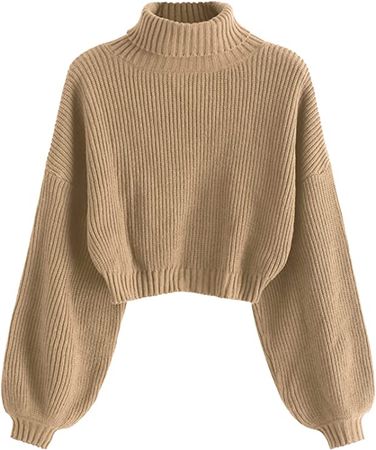 ZAFUL Women's Crew Neck Long Sleeve Pullover Crop Sweater Mock Neck Lantern Sleeve Ribbed Knit Jumper Sweater at Amazon Women’s Clothing store