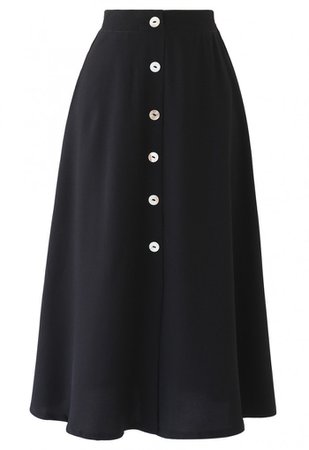 Split Shell Button Trim Midi Skirt in Black - NEW ARRIVALS - Retro, Indie and Unique Fashion