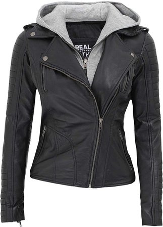 Womens Leather Jacket with Sweatshirt Hood | Black Asymmetrical