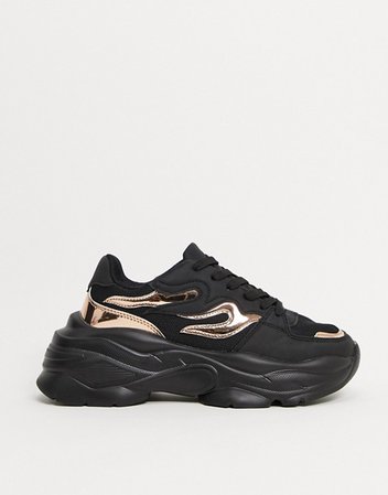 ASOS DESIGN Delight chunky flame lace up sneakers in black & rose gold. | ASOS