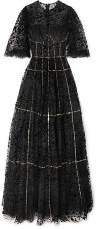 Costarellos - Lace-trimmed Embellished Flocked Tulle Gown - Black
