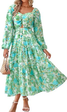 Amazon.com: BTFBM Women Fall Dresses 2023 Casual Square Neck Puff Long Sleeve Smocked Cut Out Boho Floral Flowy Long Maxi Dress : Clothing, Shoes & Jewelry