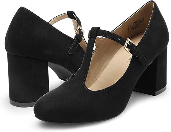 Amazon.com | DREAM PAIRS Low Chunky Heels for Women DPU211 T-Strap Mary Jane Pumps Closed Toe Wedding Dress Shoes Black Size 8 | Pumps