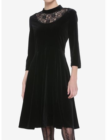 Lace Neck Velvet Long-Sleeve Dress