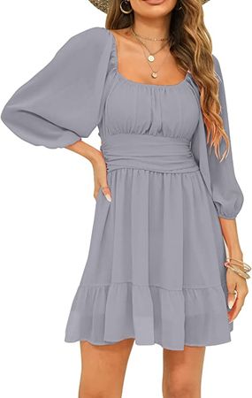Amazon.com: Hount Womens Puff Sleeve Tie Back Mini Ruffle Dress Casual Chiffon Flowy Dresses Grey M : Clothing, Shoes & Jewelry