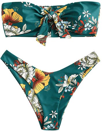 Amazon.com: ZAFUL Women's Floral Print Bandeau Bikini Set High Cut Strapless Knot Front Swimsuit Sexy Bathing Suit: Clothing