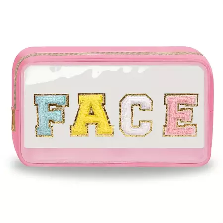 Chenille Letter Clear Makeup Bags Face Pouch Preppy Patch Makeup Bag With Zipper Transparent Pvc Nylon Waterproof Portable Glitter Cosmetic Bag Travel Toiletry Storage For Women Girl Face Pink | Check Out Today's Deals Now | Temu