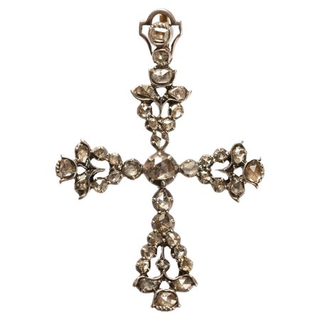 Antique Silver Spanish Cross Pendant with Rock Crystals For Sale at 1stDibs
