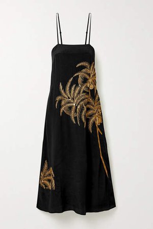 Olatz Embellished Embroidered Crepe De Chine Midi Dress - Black