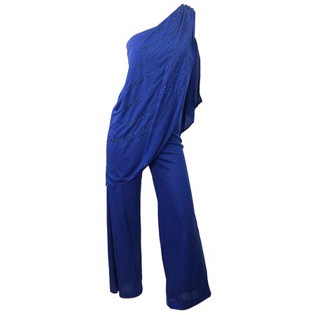 1970s Samir Blue Glitter One Shoulder Jersey Vintagae Grecian Disco Jumpsuit For Sale at 1stDibs