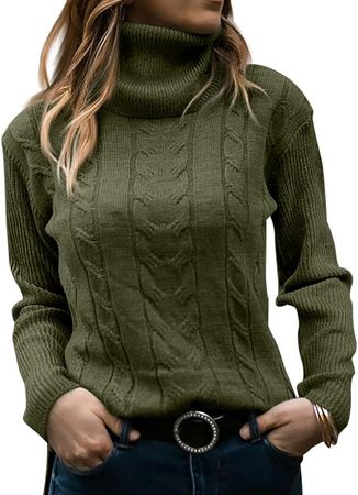 Womens Turtleneck Sweaters Long Sleeve Pullover Cable Knit Sweaters Soft Jumper Army Green at Amazon Women’s Clothing store