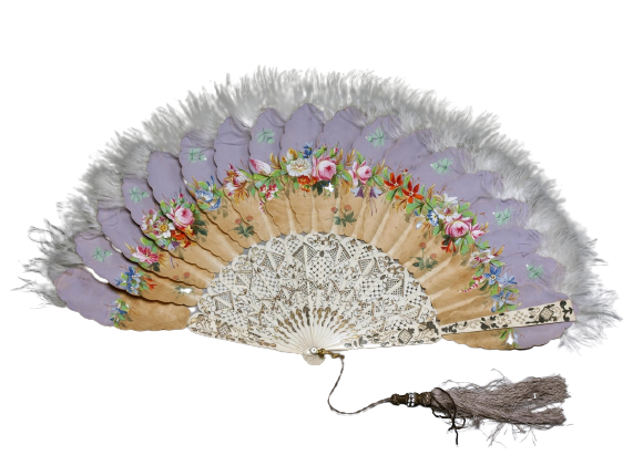 1850’s-1860’s, Folding Fan, Ivory, silk and marabou feathers