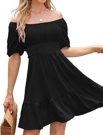 Haloumoning Women's Summer Square Neck Puff Sleeve Ruffle Tie Back A Line Mini Dresses at Amazon Women’s Clothing store