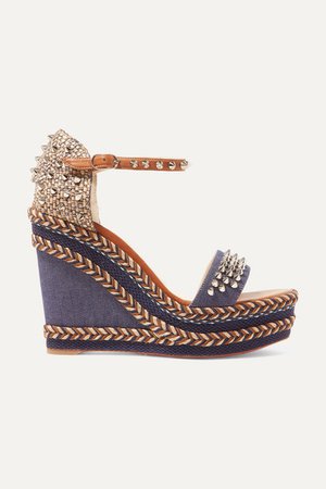 Christian Louboutin | Madmonica 110 spiked denim and leather espadrille wedge sandals | NET-A-PORTER.COM