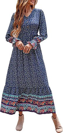 PRETTYGARDEN Long Sleeve Maxi Dresses - Floral V Neck Boho Blue Chiffon Pleated Long Dress (Cyan Blue,Small) at Amazon Women’s Clothing store