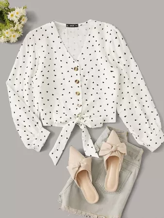 Button Front Knotted Hem Heart Print Blouse | SHEIN USA white
