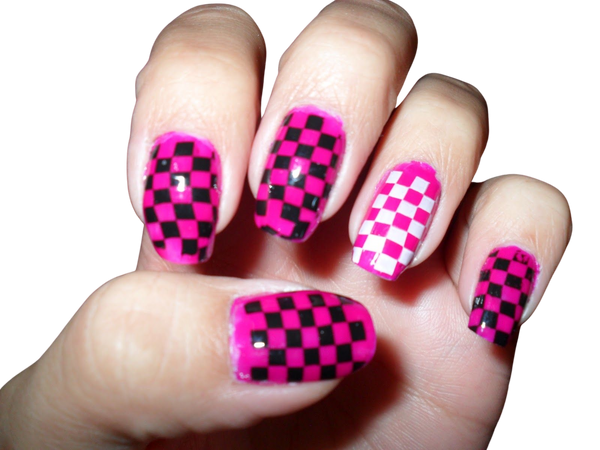 pink black white checkered manicure nails