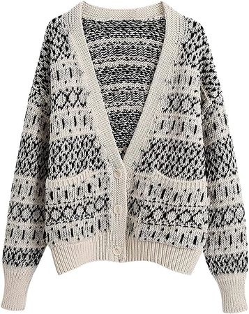 Women Autumn Winter Knitted Button Loose Sweater Coat Retro Print V Neck Knitted Cardigan at Amazon Women’s Clothing store