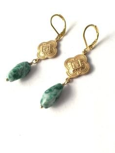 Deco Earrings Art Deco Earrings Gold Green Earrings | Etsy