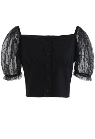 Lace Sleeves Spliced Button Down Crop Top in Black - Retro, Indie and Unique Fashion