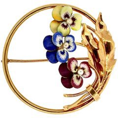 Art Nouveau Style Vintage Enamel Pansy Flower Pin 14 Karat Gold and Pearl at 1stdibs