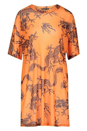 Dragon Print Mesh T-Shirt Dress | boohoo orange
