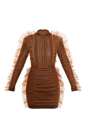 Brown Bandage Chiffon Frill Bodycon Dress | PrettyLittleThing USA
