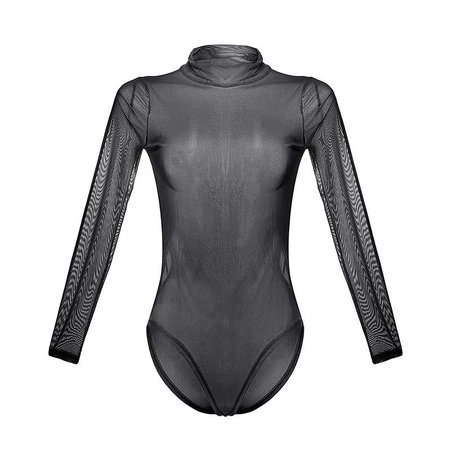 Women Ladies Sexy Mesh Sheer Long Sleeve Leotard Bodysuit Bodystocking Top S-XL | eBay