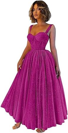 Women's Sparkly Tulle Prom Dresses Spaghetti Straps Sweetheart A-line Puffy Long Evening Party Gowns at Amazon Women’s Clothing store