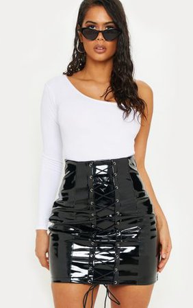 Black Vinyl Lace Up Mini Skirt | Skirts | PrettyLittleThing