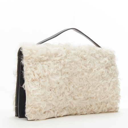 CELINE Phoebe Philo | white shearling fur black leather flap clutch bag
