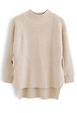 Button Side Hi-Lo Knit Sweater in Light Tan - Retro, Indie and Unique Fashion