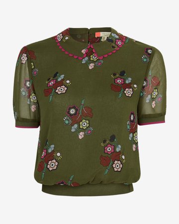 Scallop trim collared top - Khaki | Tops and T-shirts | Ted Baker UK