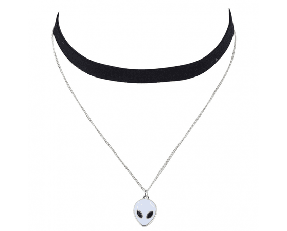 Silvertone Alien Head Charm Layered Velvet Suede Choker Necklace - Necklaces