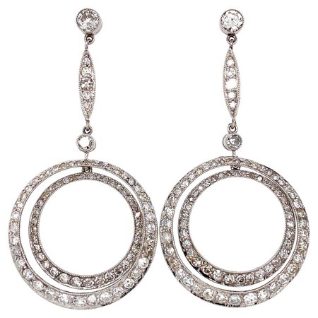 Diamond Double Circle Platinum Drop Earrings Estate Fine Jewelry For Sale at 1stDibs