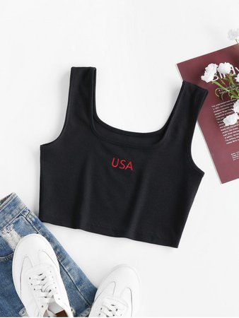 [45% OFF] [HOT] 2020 ZAFUL USA Embroidered Ribbed Crop Tank Top In BLACK | ZAFUL