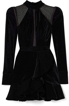 Metallic Tulle-paneled Ruffled Velvet Mini Dress - Black