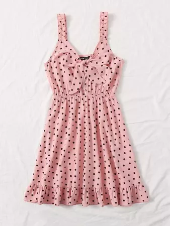 pink Polka Dot Tie Front Ruffle Hem Cami Dress | SHEIN USA