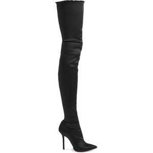 Frayed Satin Thigh Boots - Black