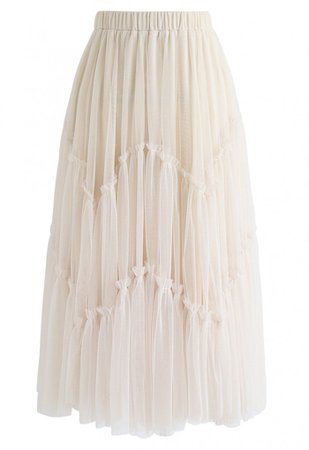 Ruffle Detail Asymmetric Mesh Tulle Skirt in Cream - Skirt - BOTTOMS - Retro, Indie and Unique Fashion