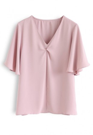 Flare Sleeves Front Twisted Top in Pink - NEW ARRIVALS - Retro, Indie and Unique Fashion