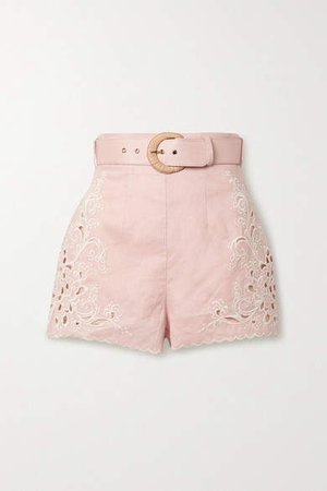 Freja Broderie Anglaise-trimmed Linen Shorts - Baby pink