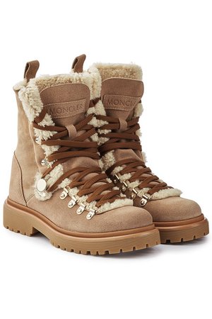 Moncler Berenice Suede Ankle Boots with Shearling - beige