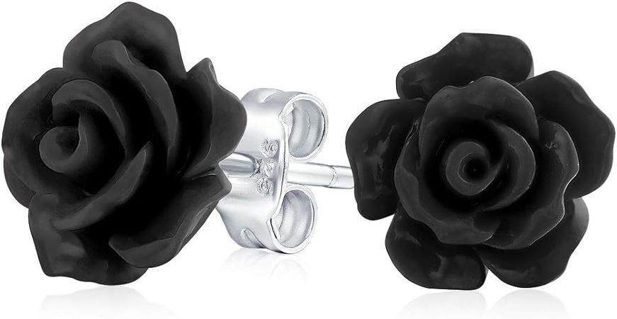 Amazon.com: Romantic Delicate Floral 3D carved Black Rose Flower Stud Earrings For Women Teen For Mother Silver Plated Post: Clothing, Shoes & Jewelry