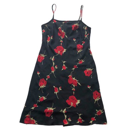 90s vintage black slip dress with red rose floral... - Depop