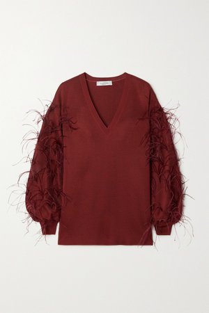 Red Feather-embellished ponte sweater | Valentino | NET-A-PORTER