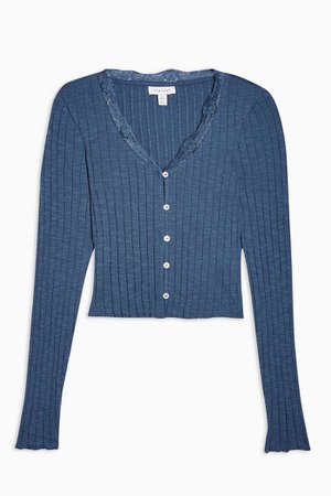 Blue Long Sleeve Ribbed Lace Trim Cardigan | Topshop