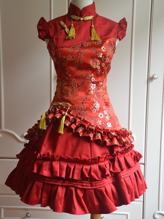 Classic Red Satin Qi Lolita Dress Sleevesless Plum Blossom Printed Ruffles - Milanoo.com
