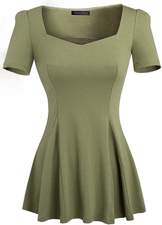 HOMEYEE Women's Vintage Square Neck Long Sleeve Peplum Tops Blouse 542 (XL, Army Green-Short Sleeve) at Amazon Women’s Clothing store